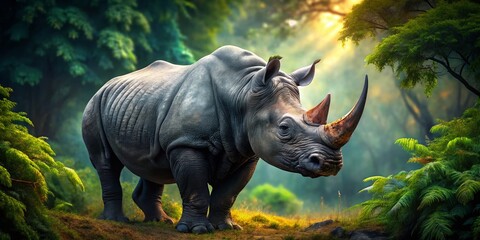 Fototapeta premium Black Rhinoceros, Majestic African Wildlife, Powerful Horned Creature, Stunning Detail, Natural Habitat