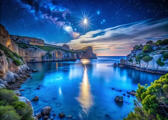 Fototapeta premium Blue Bay Cliffs Night Photography, Calm Waters, Astrophotography