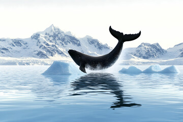 Fototapeta premium Majestic whale breaching over icy waters with snow-capped mountains in the distance during a serene winter landscape