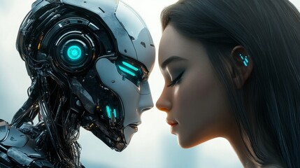 Fototapeta premium Face to face interaction between a robot and futuristic woman