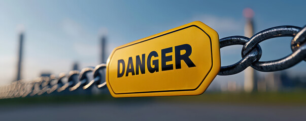 Chain link gate with a Danger   High Voltage sign, industrial en