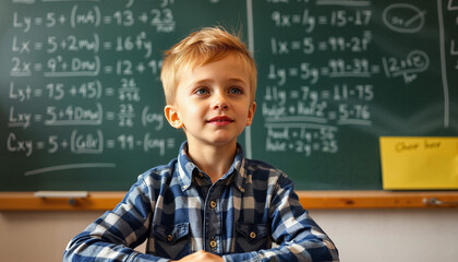 young boy sitting at a desk in a classroom with math equations on the blackboard