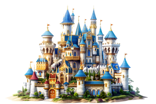 PNG of a 3D cartoon-style fairy tale castle isolated on a transparent background for fantasy or childrens story-themed visuals.