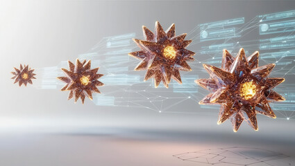 Nanotechnology Analytics Concept. Nano clusters projecting layered data in mid air, showcasing nanotechnology