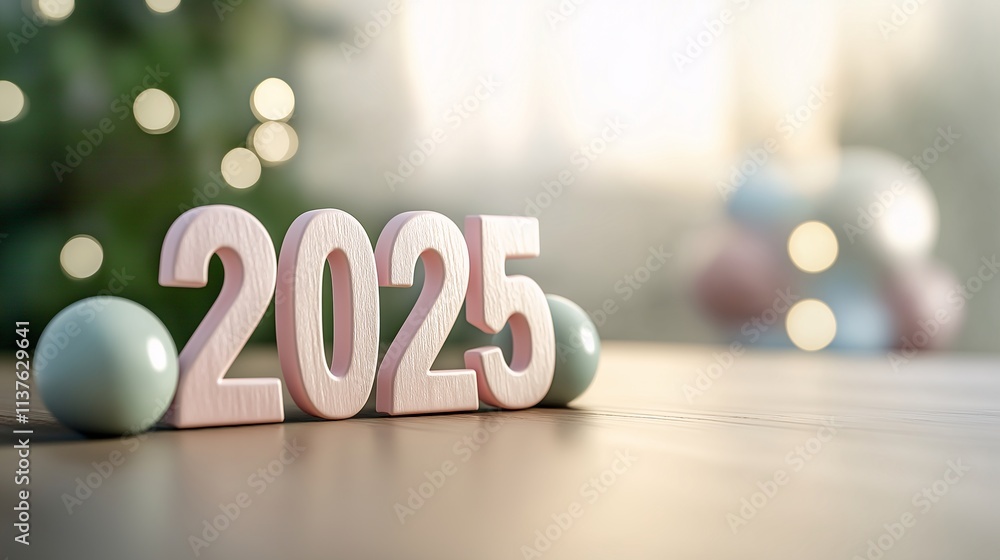 Poster soft pastel mockup of number 2025 with decorative elements for modern displays and creative design p