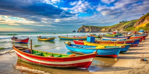 Obraz premium Colorful Fishing Boats at Las Penas Beach, Ecuador - December 2020 - Stunning Coastal Scenery