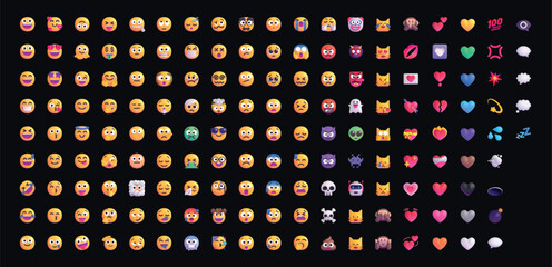 Set of yellow emoji Smileys & Emotion in vector graphic format on a black background.