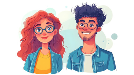 Two cartoon characters, a girl and a boy, wearing glasses and denim jackets, smiling.