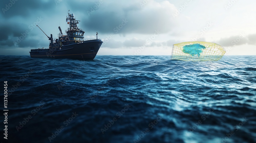 Poster a detailed oceanic resource distribution map overlaid with a virtual twin model showcasing fishing z