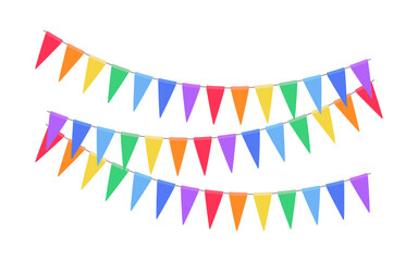 Garland with triangle rainbow flags. Decorative bunting background for party, holiday carnival, birthday celebration, festival decoration. Hanging flags. Vector illustration