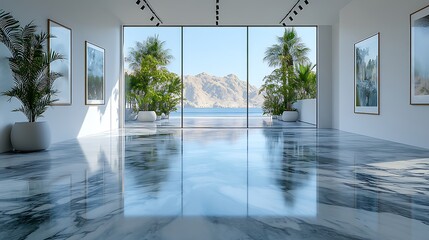 Modern Gallery Interior with Ocean View and Plants