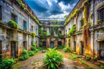 Fototapeta premium Port Blair Jail Courtyard: Urban Exploration Photography - Abandoned Prison Ruins, Historical Landmark, Andaman & Nicobar Islands