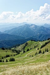 Scenic view of lush green hills and mountains.