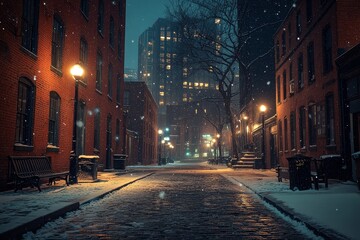 Empty city street at night with red brick buildings, snow falling, street lights, and benches, captured with wide-angle lens and cinematic depth of field.