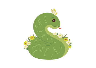 Cute green snake animal kawaii character in spring with flower, symbol 2025 year. Wild reptile with tongue, serpent. Cartoon hand drawn style for children. Vector illustration