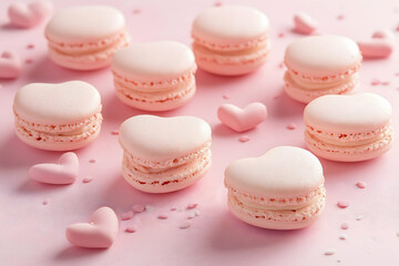 Fototapeta premium Heart-shaped pink macarons arranged on a soft pink background, surrounded by small heart-shaped candies.