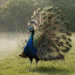 Obraz premium A peacock walking gracefully through a meadow, with a luminous white background.