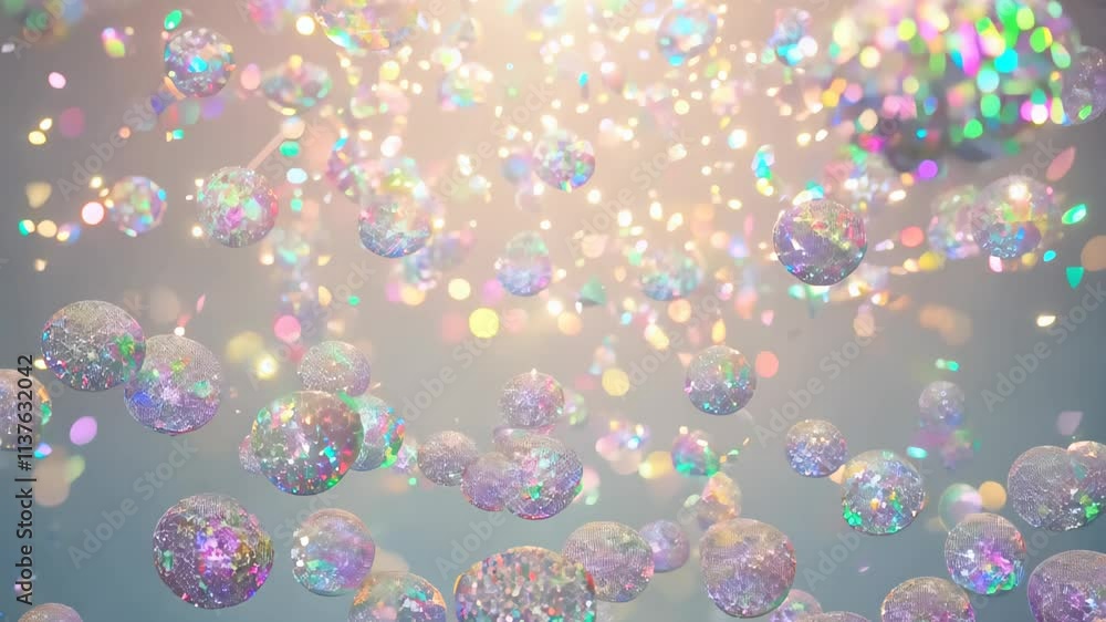 Poster bubbles floating gracefully with colorful reflections in a softly lit environment