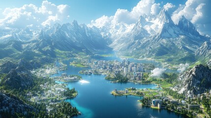 Obraz premium Majestic Mountain Cityscape: A Breathtaking Panorama of a Modern City Amongst Snow-Capped Peaks and Serene Lakes