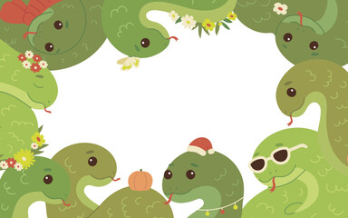 Cute green snake animal kawaii character set in frame, symbol 2025 year. Wild reptile with tongue, serpent. Cartoon hand drawn style. Vector illustration with copy space background