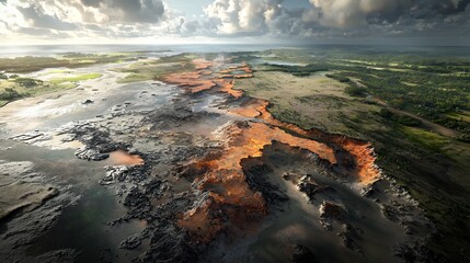 Fototapeta premium A photograph of a biodiversity hotspot map combined with a virtual twin predicting ecosystem resilience leaving copy space on the top left for text overlay