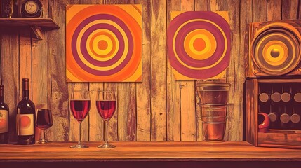 rustic holiday lounge poster: textured wooden bar with wine glasses — perfect for home decor in cozy spaces or sports interiors