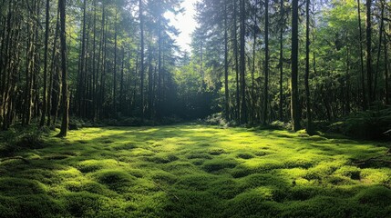 Obraz premium Sunlit moss carpet in a lush green forest.