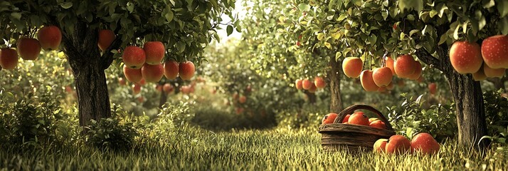 A small village orchard with apple trees, ripe fruits hanging low, and a rustic wooden basket in the grass