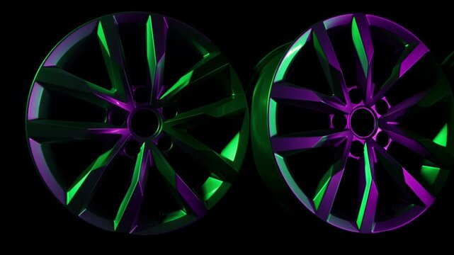 Four Expensive aluminum alloy wheel disks for car without tire. Equipment for auto vehicle. Luxury design. Car spare parts isolated in dark background. Cast drive. Wide shot truck movement. RGB light