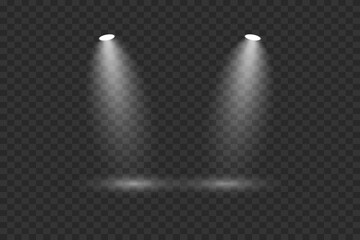 Scene with bright white light. Spotlight effect of light and podium. Vector illustration