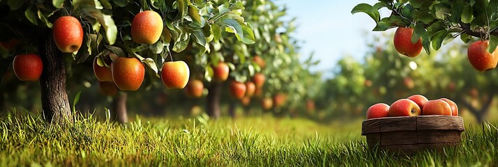 A small village orchard with apple trees, ripe fruits hanging low, and a rustic wooden basket in the grass