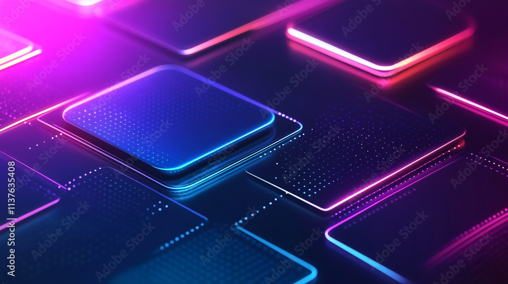 Poster vibrant neon geometric shapes with digital lines create a futuristic abstract design. using microser