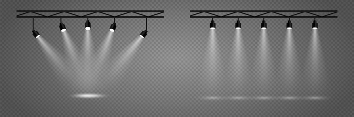 Scene with bright white light. Spotlights are a beautiful light. On a transparent background.
