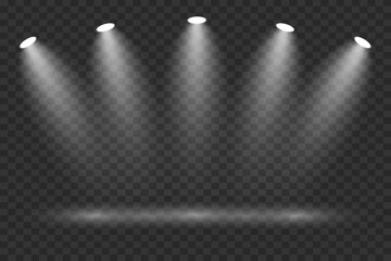 Scene with bright white light. Spotlight effect of light and podium. Vector illustration