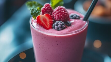 A glass of pink smoothie with strawberries and raspberries