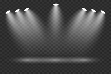 Scene with bright white light. Spotlight effect of light and podium. Vector illustration
