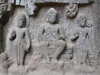 Ancient carved structure of the wall of cave chaitya, Karla caves (Lonavala, Maharashtra)