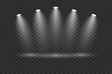 Scene with bright white light. Spotlight effect of light and podium. Vector illustration
