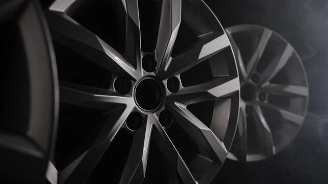 Four Expensive aluminum alloy wheel disks for car without tyre. Luxury design. Car spare parts isolated in dark background. Cast drive. Equipment for auto vehicle. Close up shot, dolly out movement