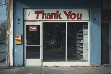 Closed shop; thank you sign; weathered exterior.