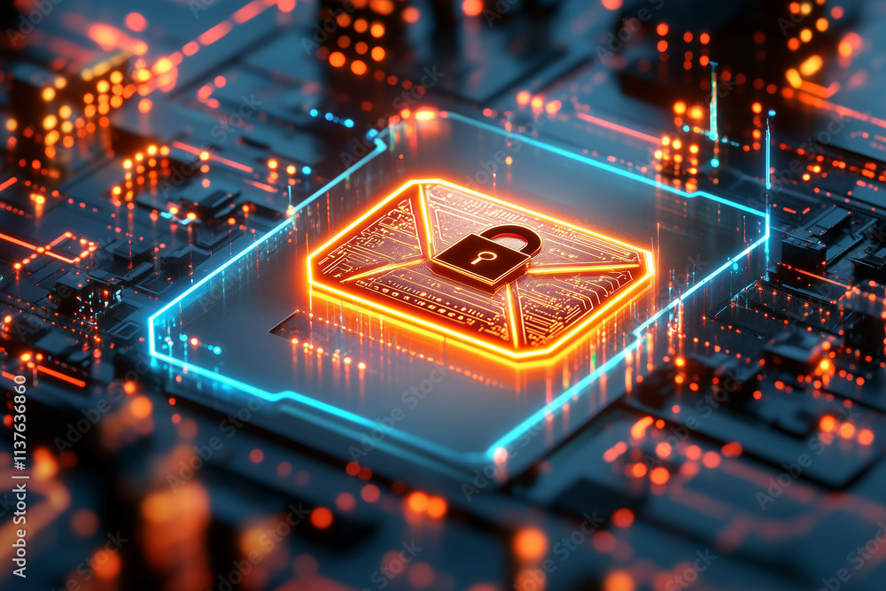 Poster a 3d holographic icon of an encrypted email, featuring a glowing envelope with a padlock symbol over