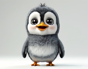 Fototapeta premium 3D clipart full-body penguin chick with gray fluffy feathers on white background.