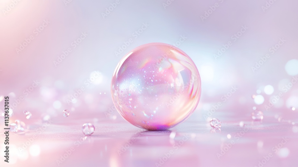 Poster iridescent sphere on pink background with bokeh.