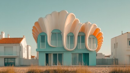 Seashell-shaped house on sandy beach.