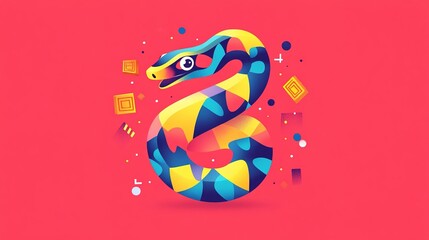 Fototapeta premium Abstract design celebrating the Year of the Snake 2026 with a cute geometric snake pattern on a red background, featuring bright colors and festive gold ingots.