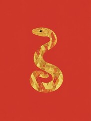 Fototapeta premium Abstract design celebrating the Year of the Snake 2026 with a cute geometric snake pattern on a red background, featuring bright colors and festive gold ingots.
