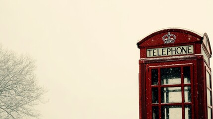 Fototapeta premium Red telephone booth stands alone in snowy landscape during winter season in quiet neighborhood