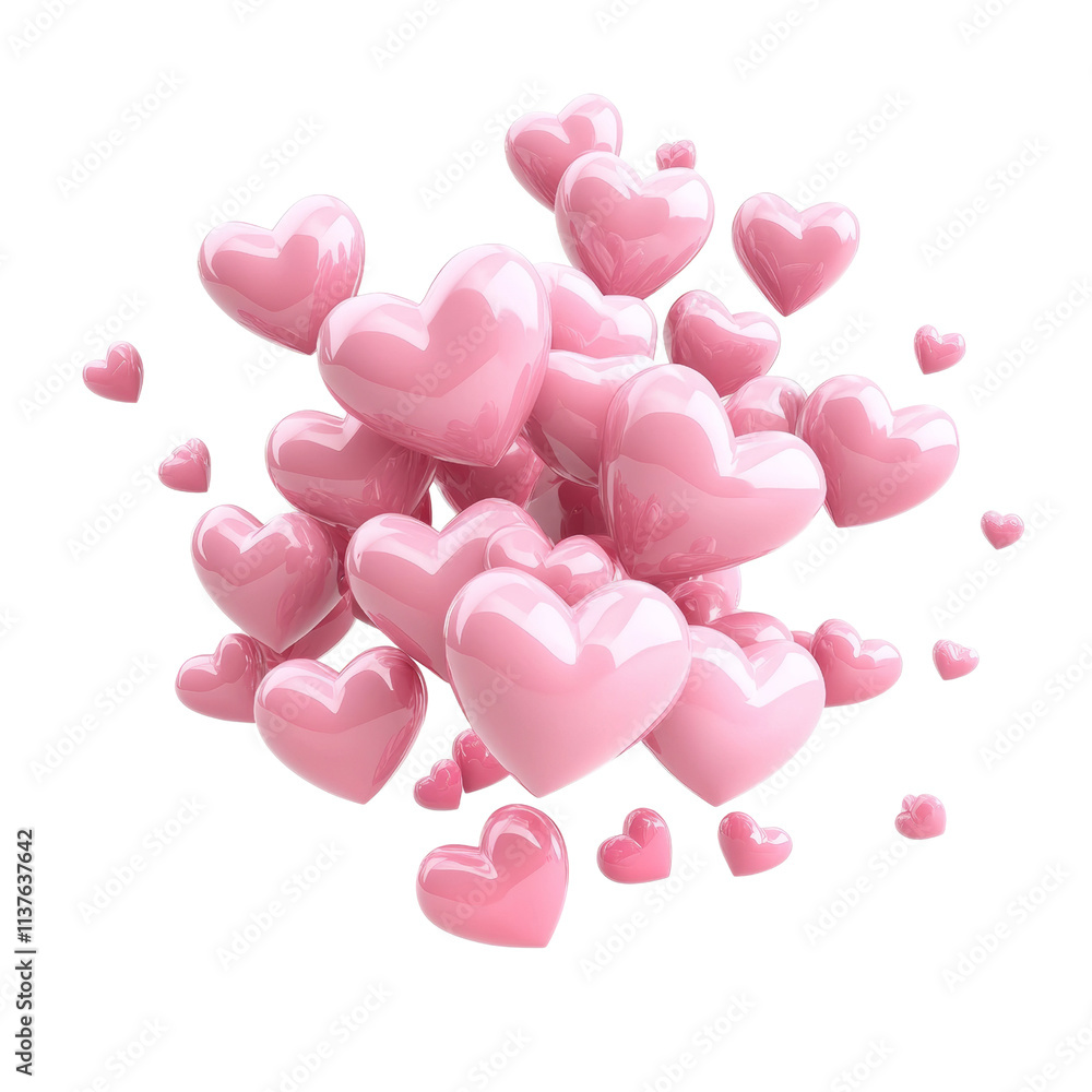 Poster 3d rendering flying pink hearts icon isolated on transparent background