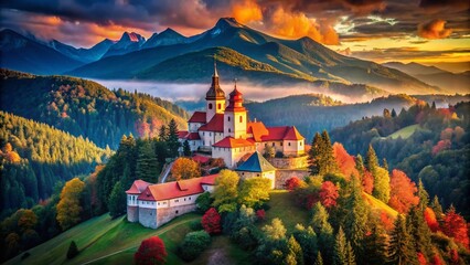 Fototapeta premium Red Monastery Slovakia Pieniny Mountains Double Exposure Photography - Architectural Landmark