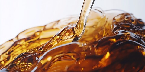 Close-up of amber liquid pouring into a glass.